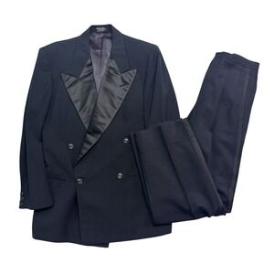 vtg 50s Double Breasted Tuxedo 40S 30x30 Black Satin Formal Wool Evening Tux